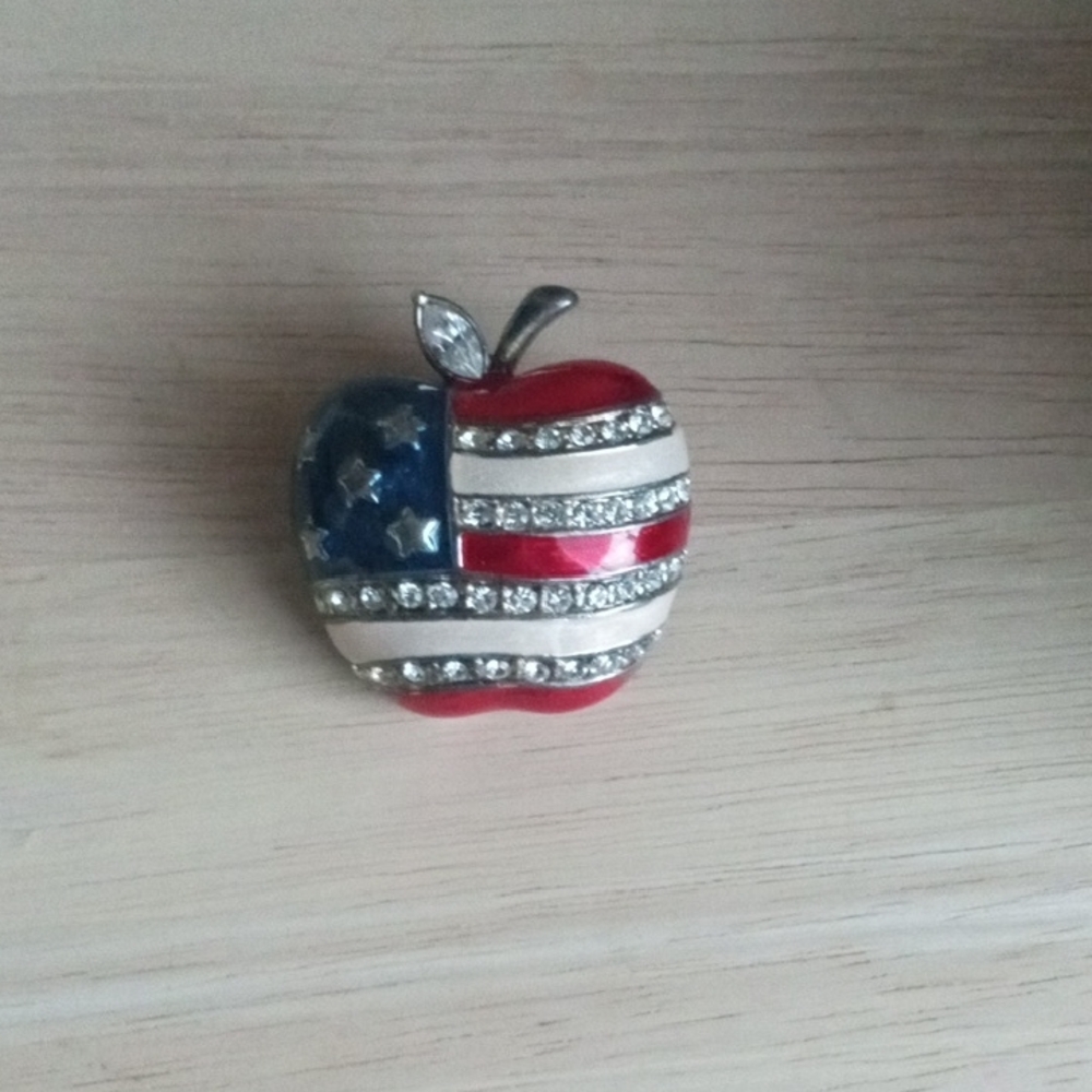 Patriotic Apple Brooch with Rhinestones